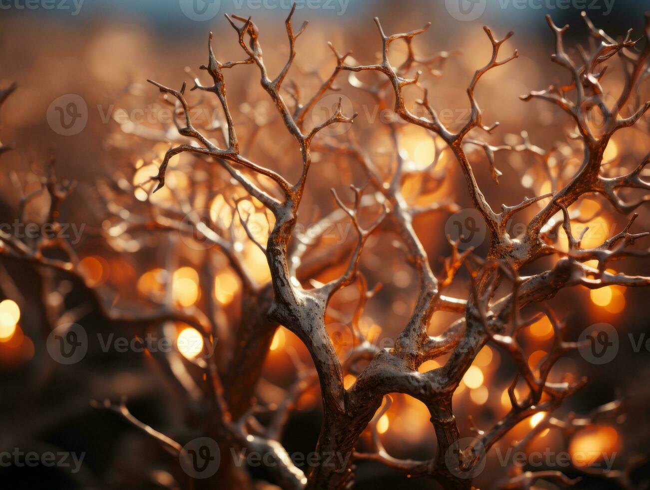 a close up of a dead tree with lights in the background generative ai photo