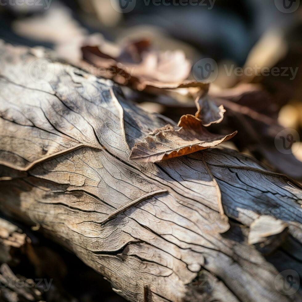 a close up of a fallen tree trunk with leaves on it generative ai photo
