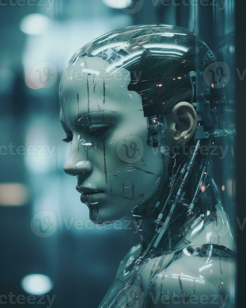 a close up of a female robot in a dark room generative ai photo