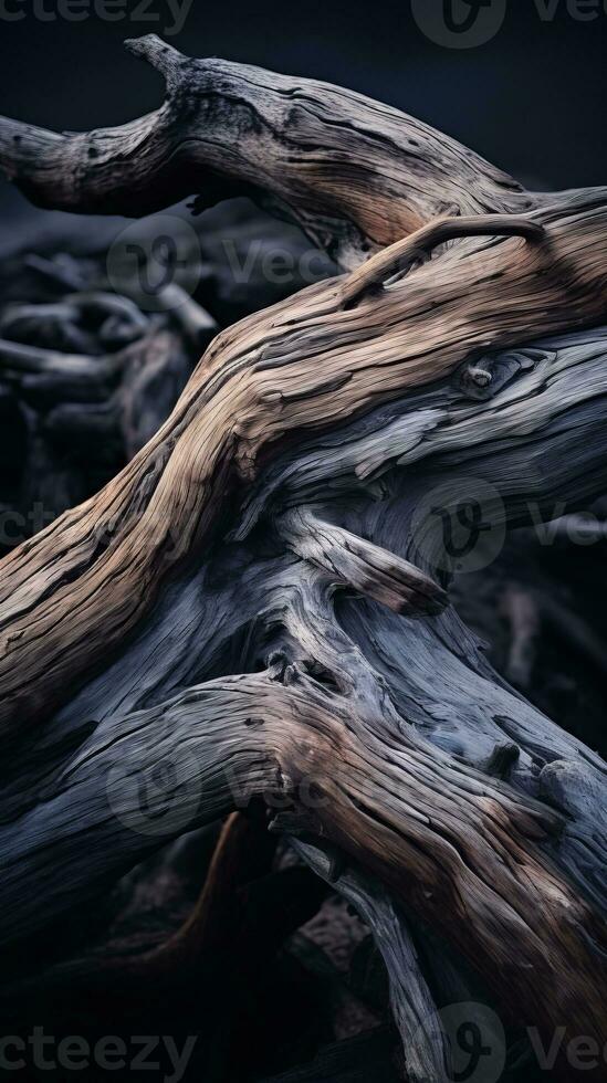 a close up of a fallen tree with dark clouds in the background generative ai photo