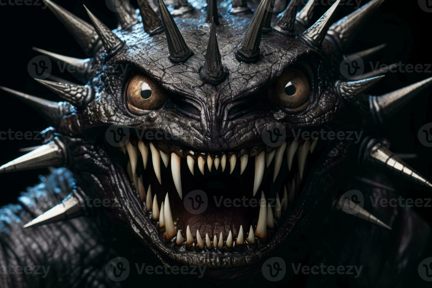 a close up of a godzilla monster with spikes on its face generative ai photo