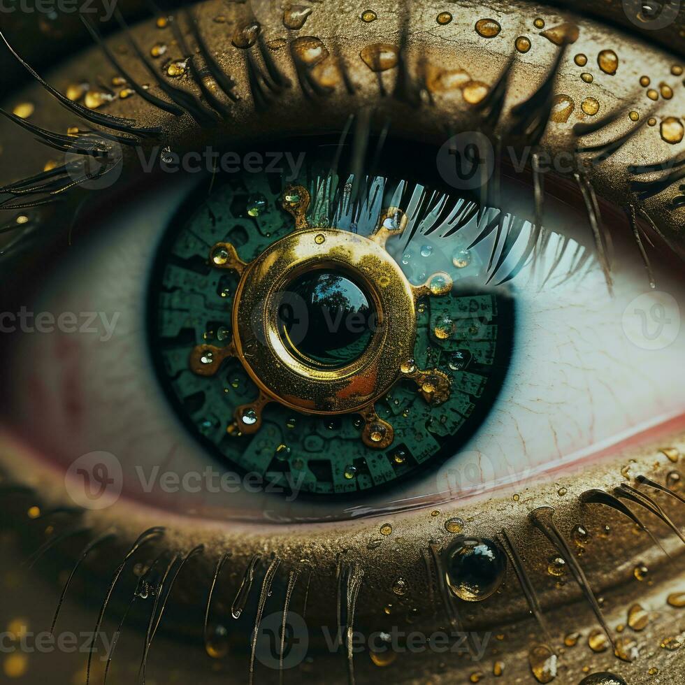 a close up of a green eye with gold and water droplets on it generative ai photo