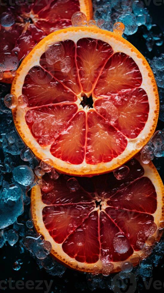 a close up of a grapefruit with ice on it generative ai photo