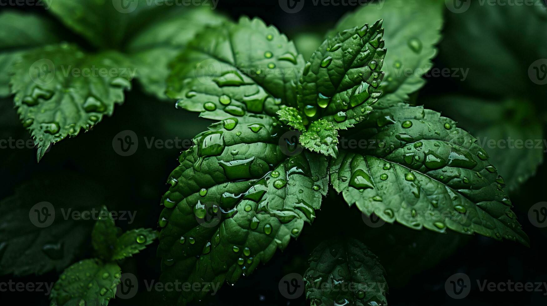 a close up of a green leaf with water droplets on it generative ai photo