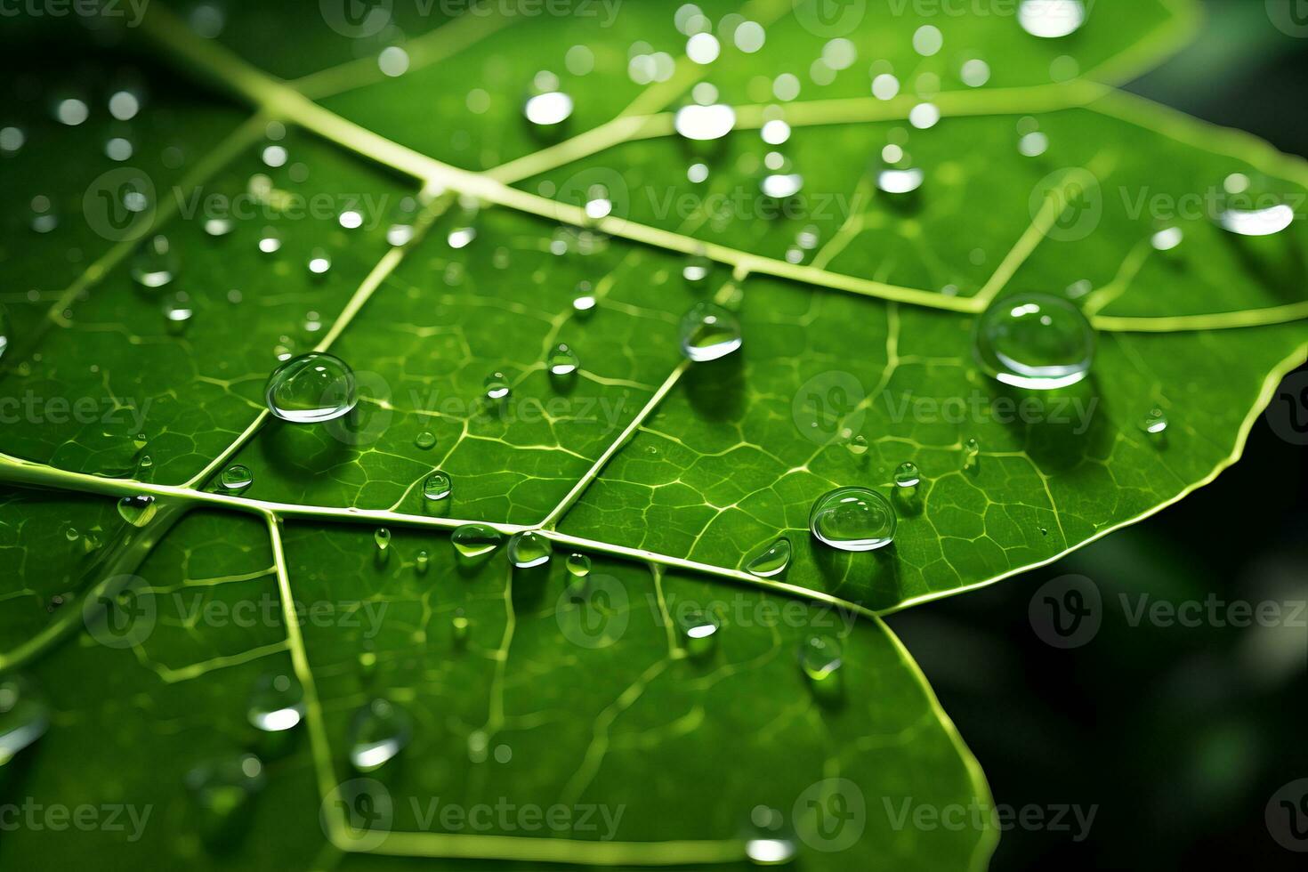 a close up of a green leaf with water droplets on it generative ai photo