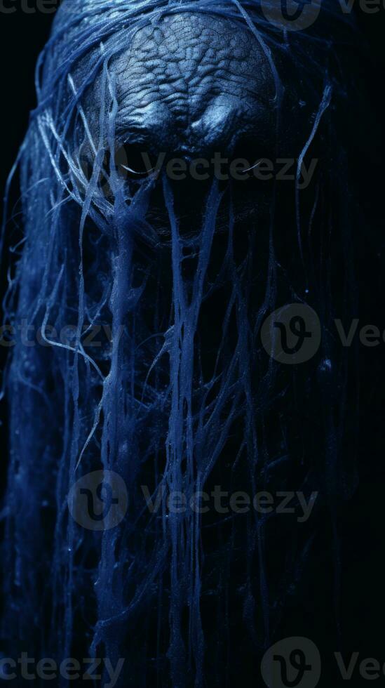 a close up of a mans face covered in blue hair generative ai photo