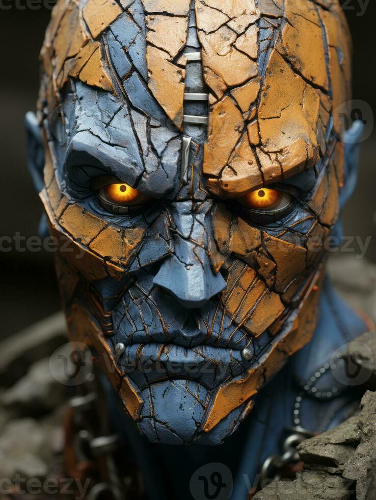 a close up of a mans face with orange eyes generative ai photo
