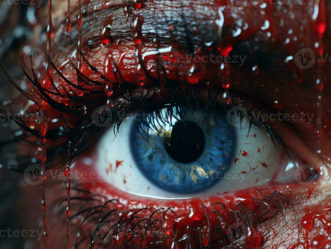 a close up of a persons eye with blood on it generative ai photo