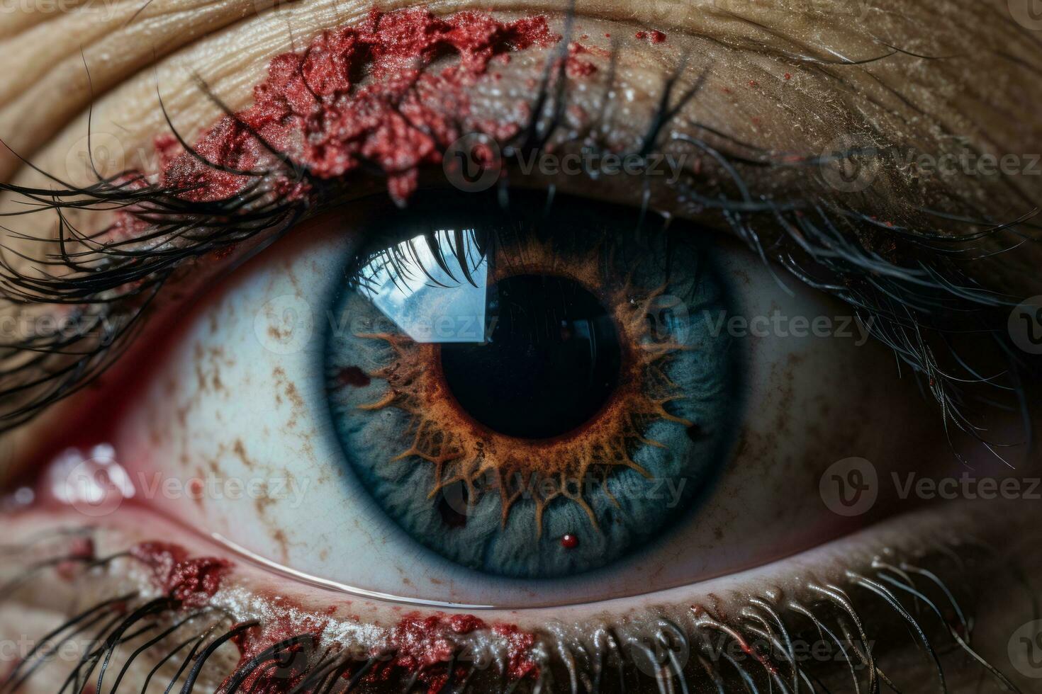a close up of a persons eye with blood on it generative ai photo