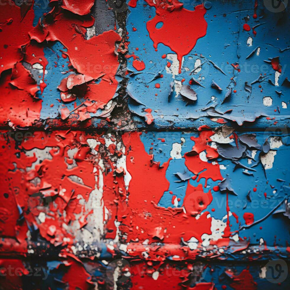 a close up of a red and blue wall with paint peeling off of it generative ai photo
