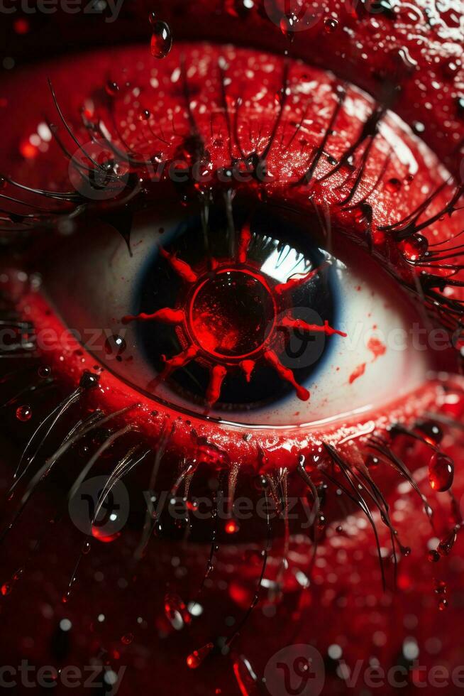 a close up of a red eye with blood on it generative ai photo