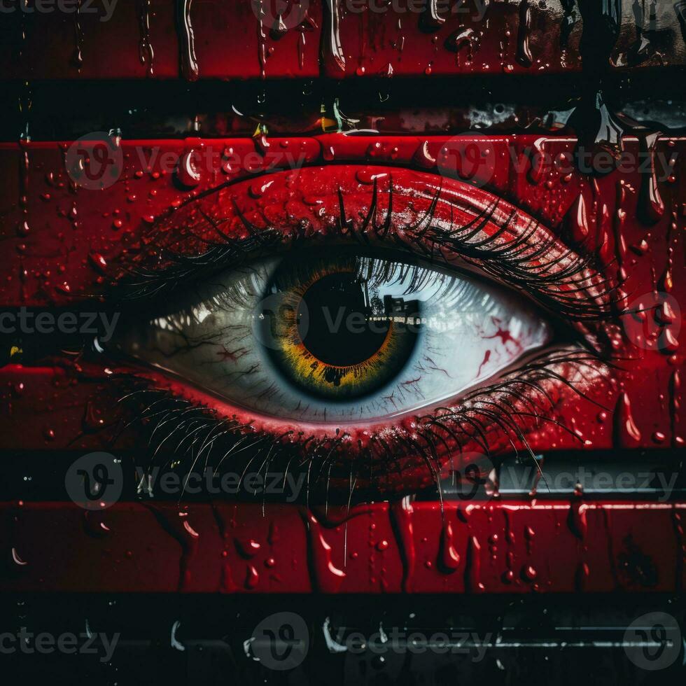 a close up of a red eye with water droplets on it generative ai photo