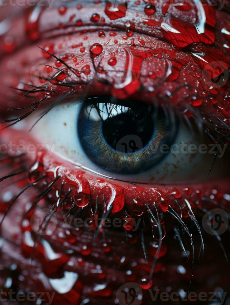 a close up of a red eye with water droplets on it generative ai photo