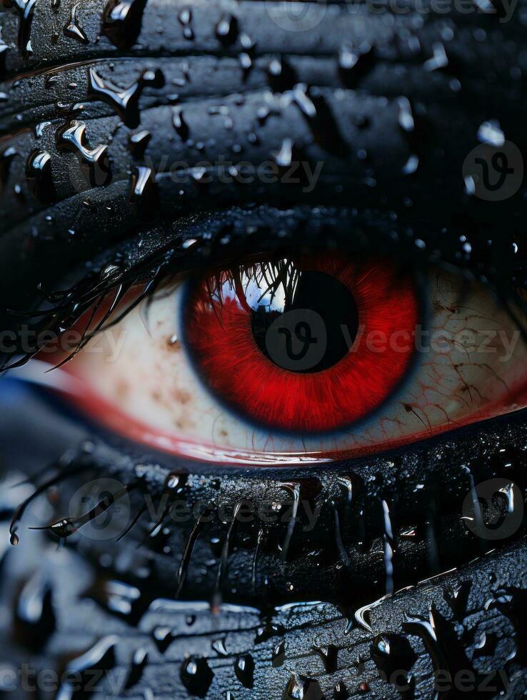 a close up of a red eye with water droplets on it generative ai photo