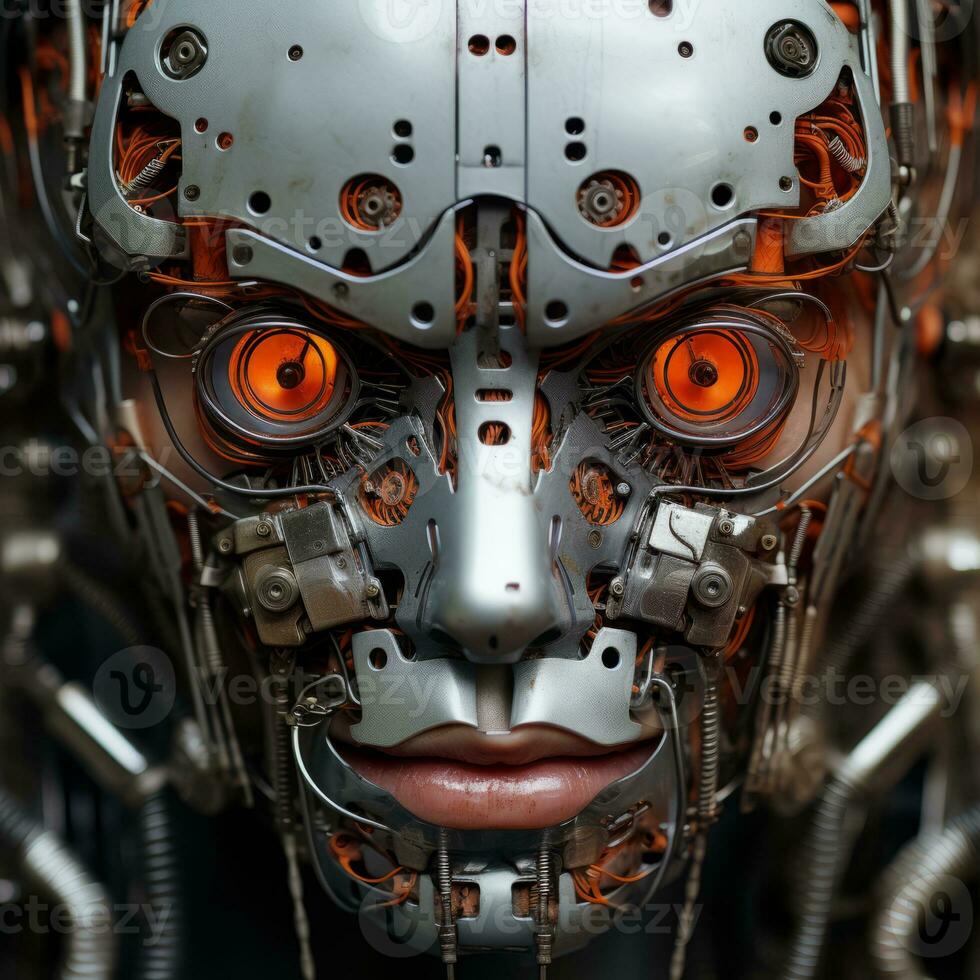 a close up of a robot face with orange eyes generative ai photo