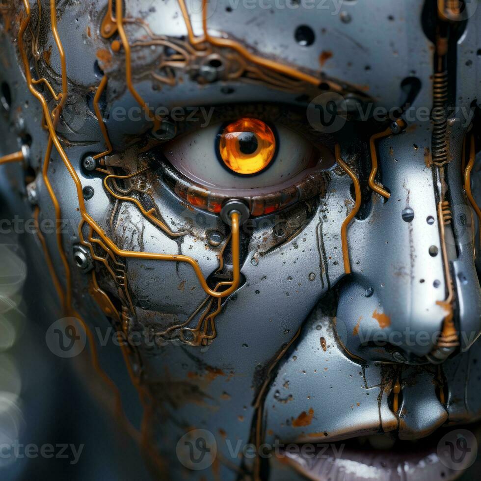a close up of a robot face with orange eyes generative ai photo