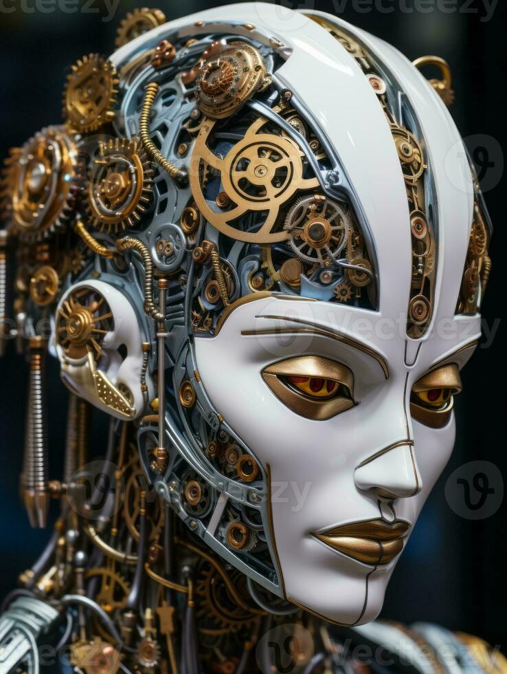 a close up of a robot head with gears on it generative ai photo