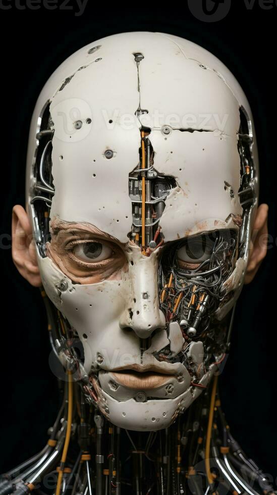 a close up of a robot head with wires attached to it generative ai photo