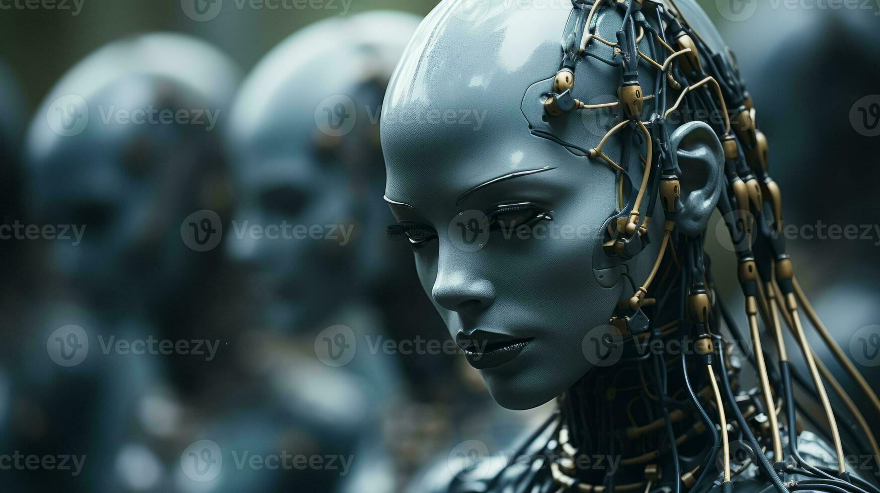 a close up of a robot with wires attached to her head generative ai photo