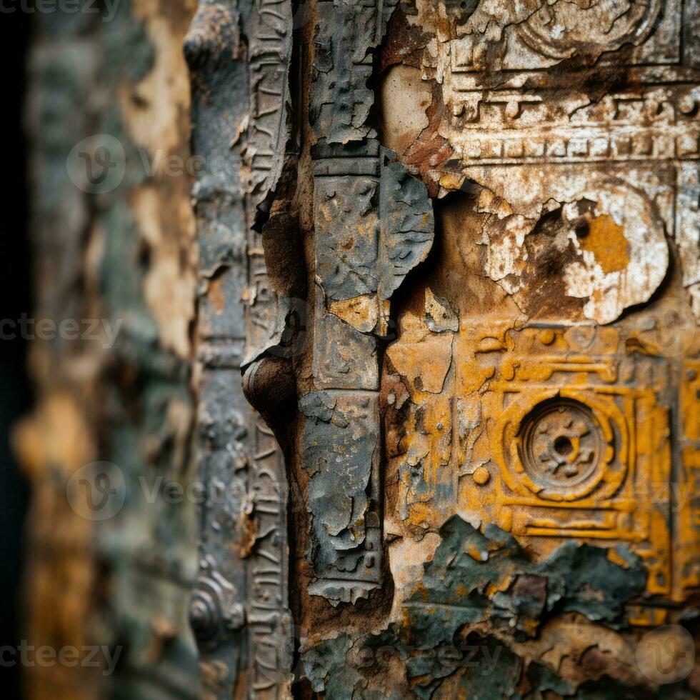a close up of a rusty metal door with some paint on it generative ai photo