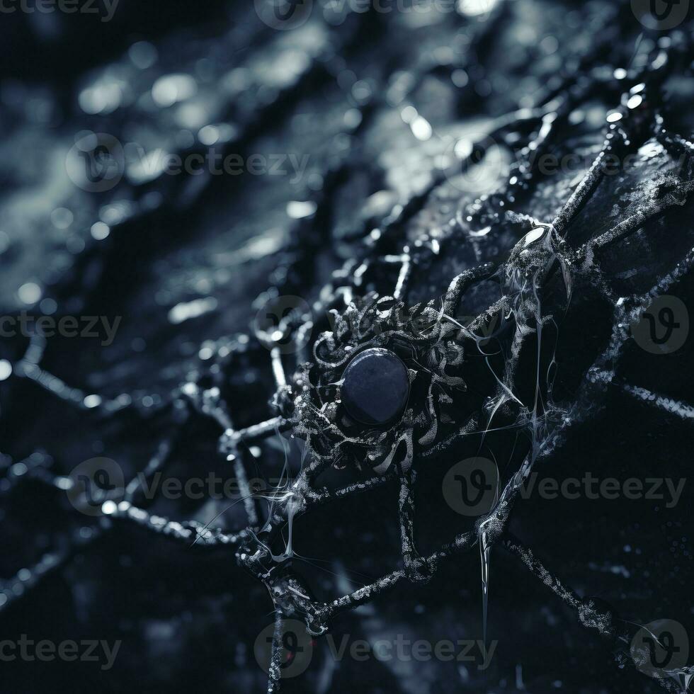 a close up of a spider web with a black stone in it generative ai photo