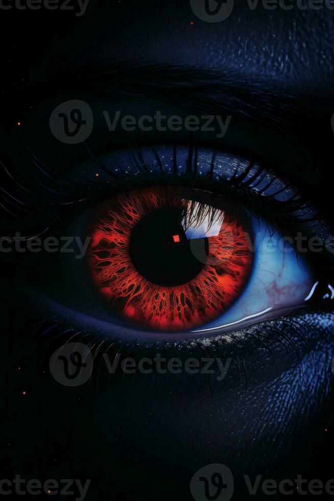 a close up of a womans eye with a red iris generative ai photo