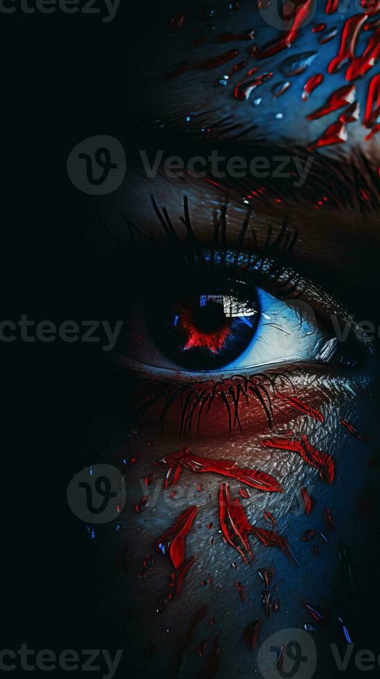 a close up of a womans eye with blood splattered on it generative ai photo