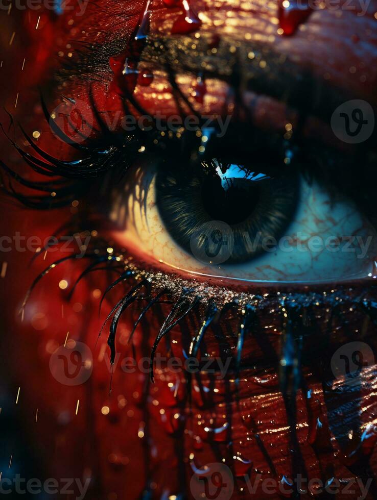 a close up of a womans eye with blood on it generative ai photo