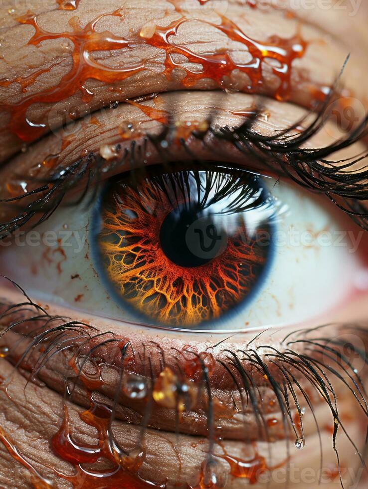 a close up of a womans eye with blood on it generative ai photo