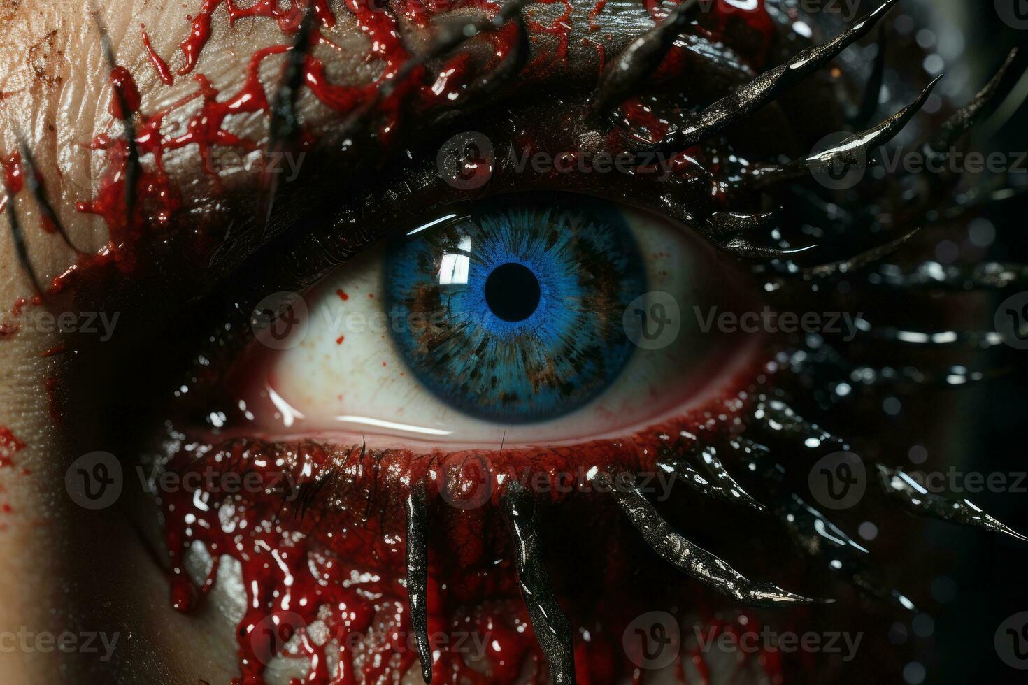 a close up of a womans eye with blood on it generative ai photo