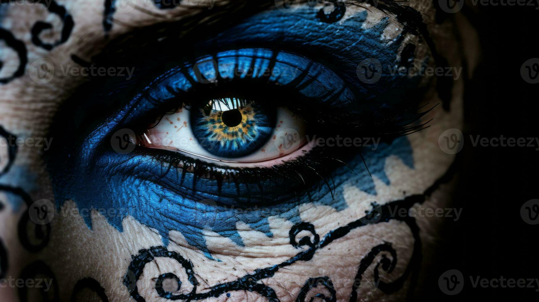 a close up of a womans eye with blue makeup generative ai photo