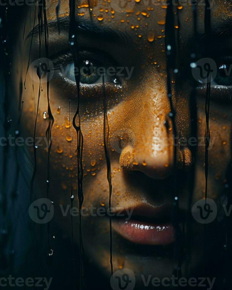 a close up of a womans face with rain drops on her face generative ai photo