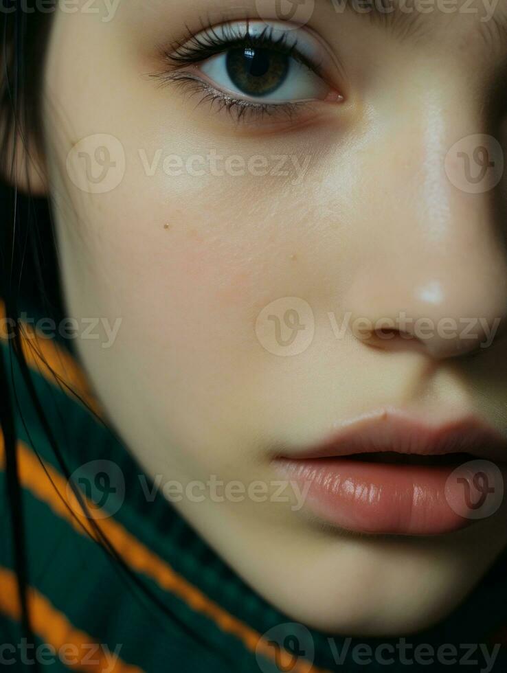a close up of a young womans face generative ai photo