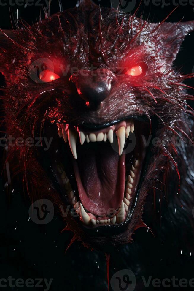 a close up of an angry wolf with red eyes generative ai photo