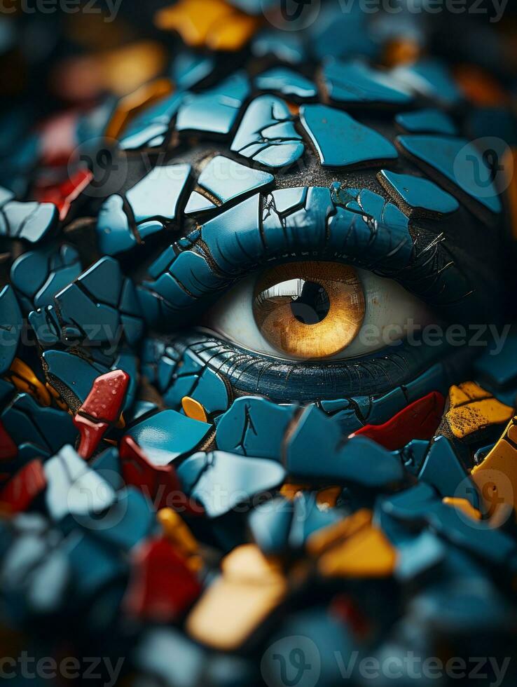 a close up of an eye surrounded by broken pieces of glass generative ai photo