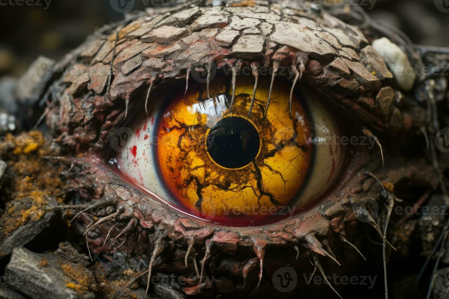 a close up of an eye with a red and yellow eye generative ai photo
