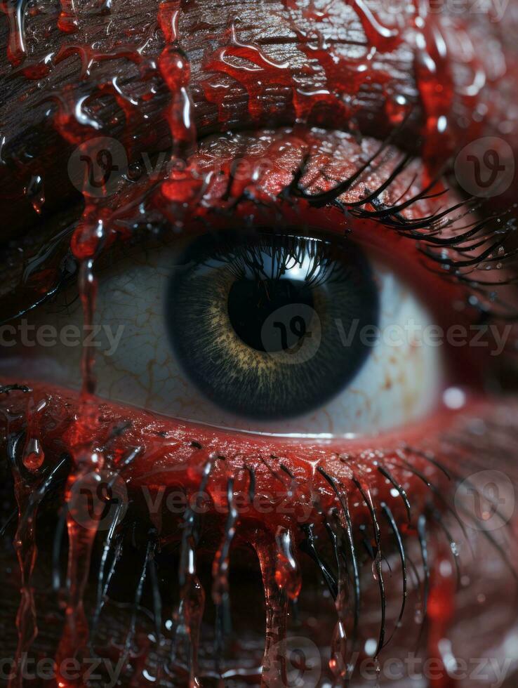 a close up of an eye with blood dripping from it generative ai photo