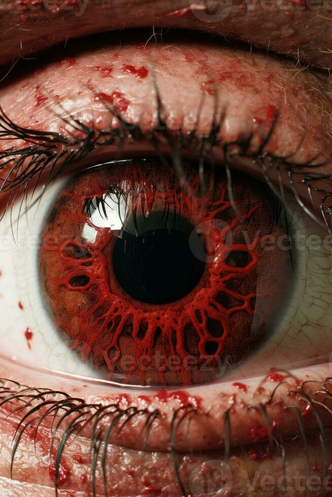 a close up of an eye with blood on it generative ai photo