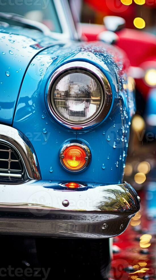 a close up of an old blue car with rain drops on it generative ai photo
