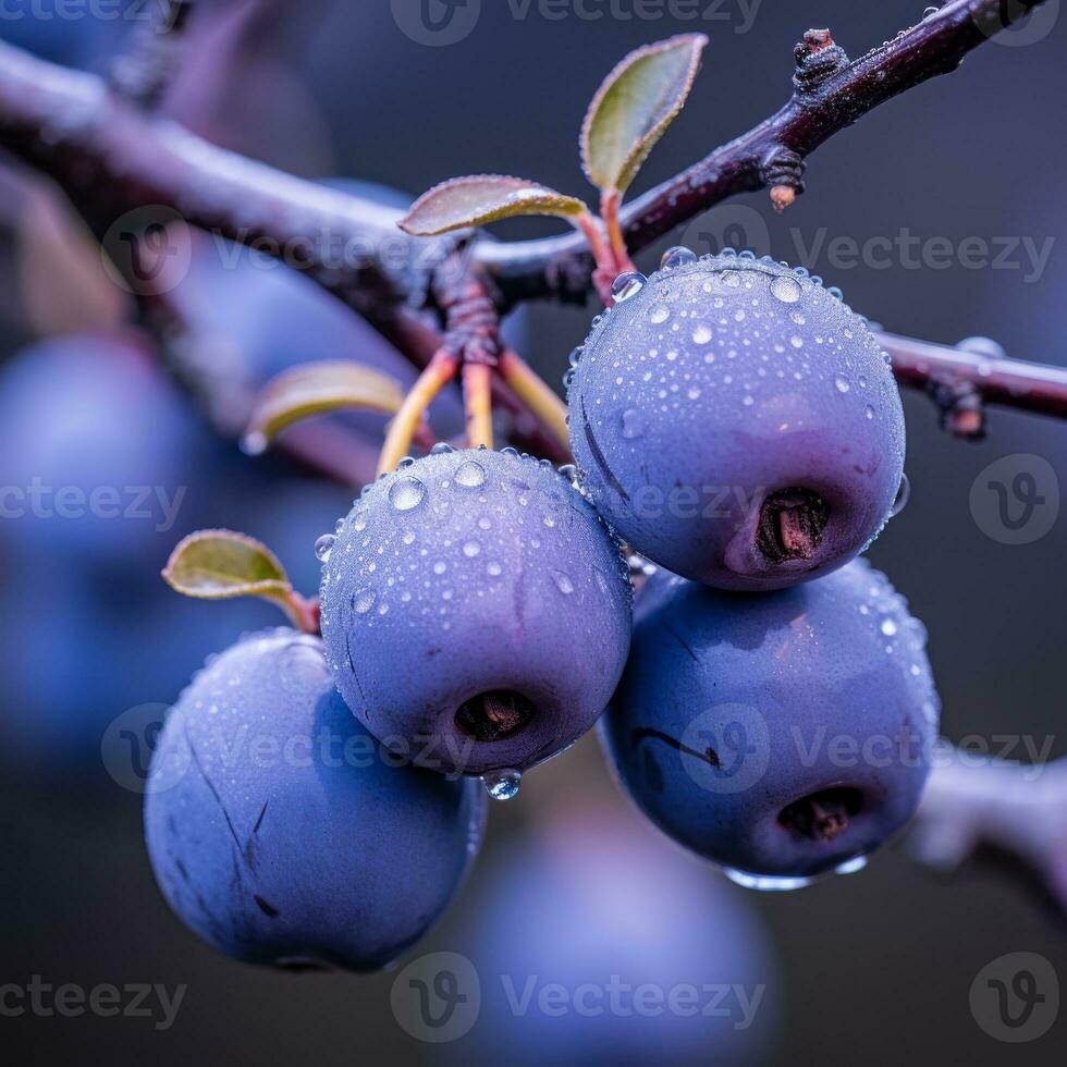 a close up of blue berries on a tree branch generative ai photo