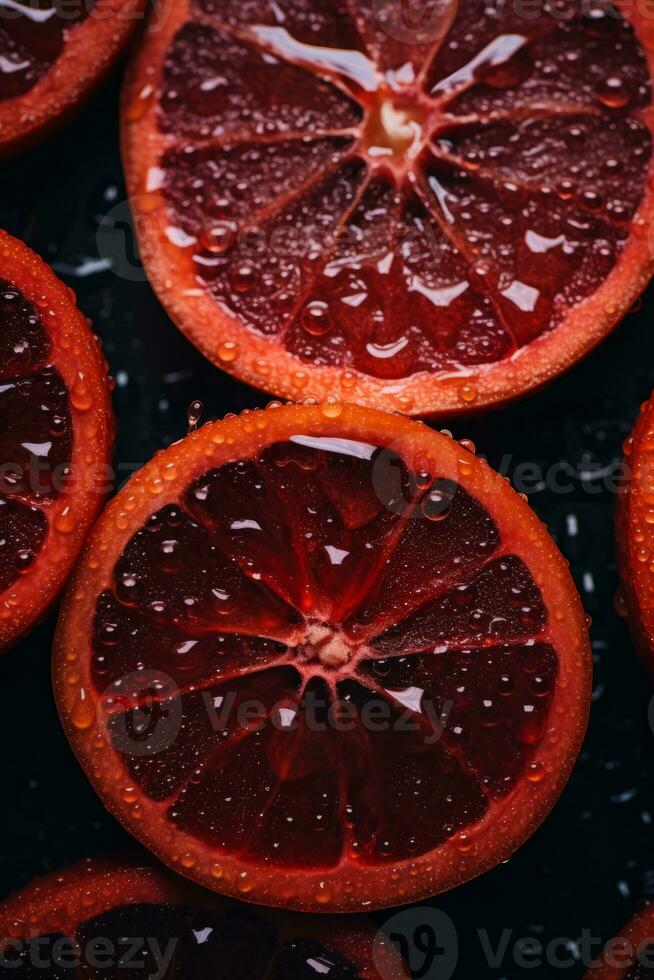 a close up of blood oranges with water droplets generative ai photo