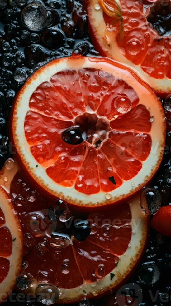 a close up of grapefruit slices with water drops on them generative ai photo