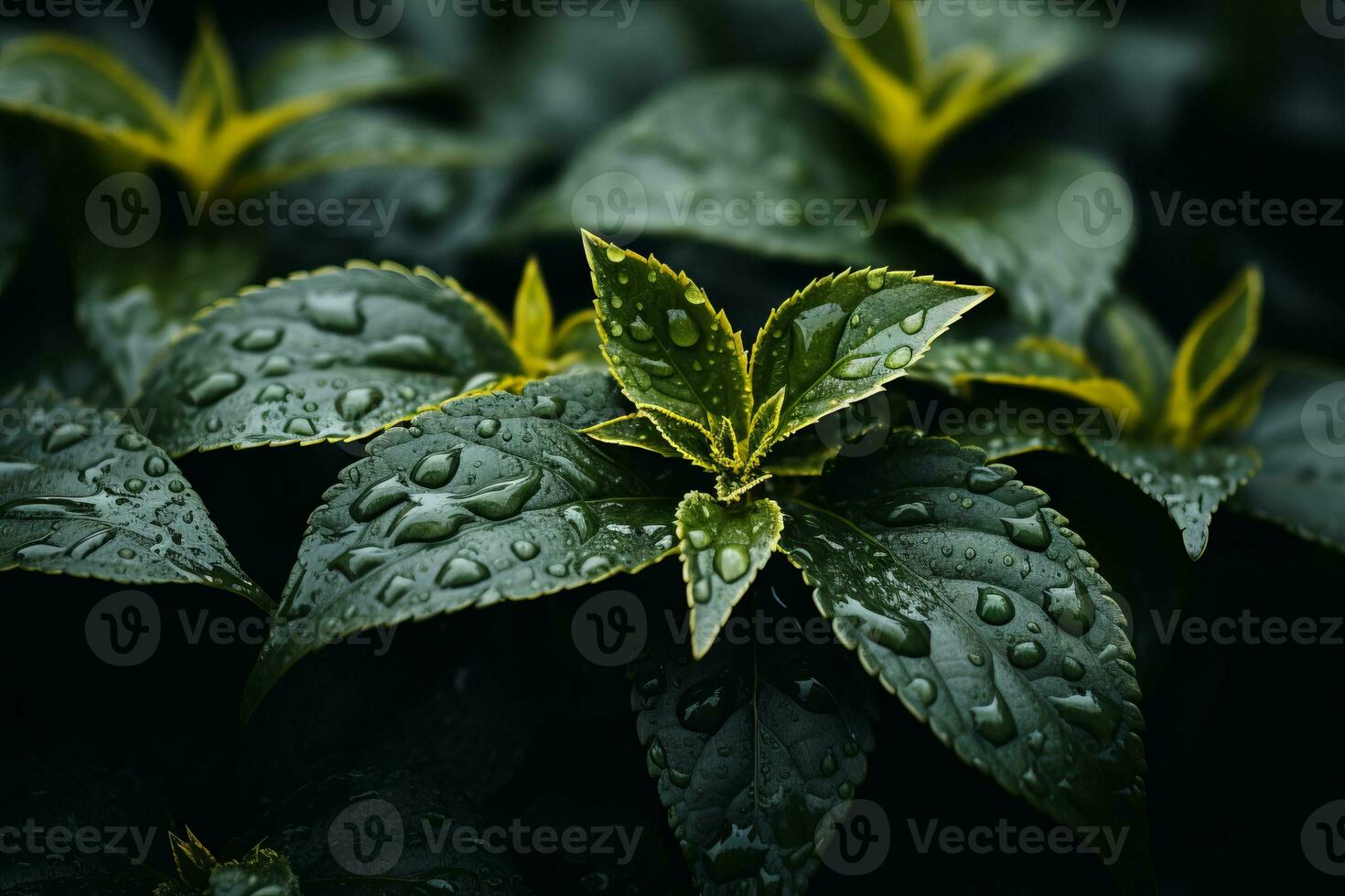 a close up of green leaves with water droplets on them generative ai photo