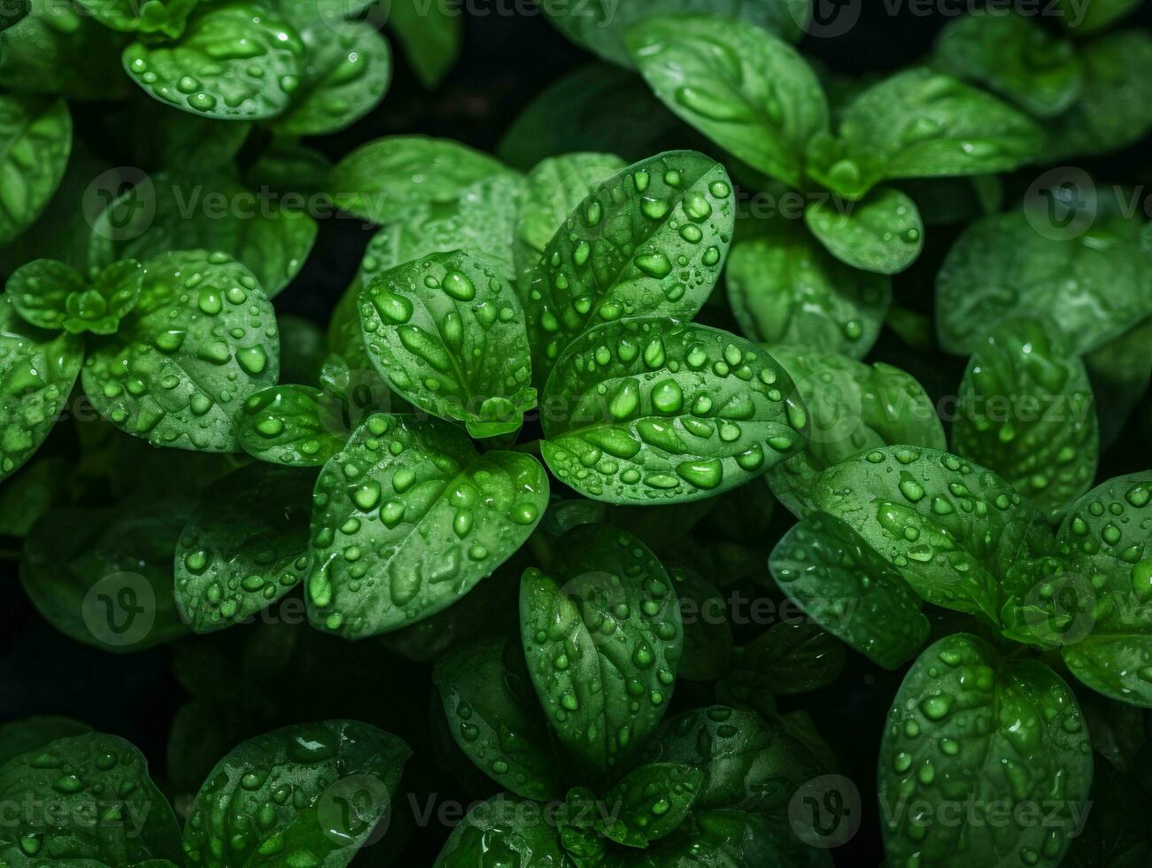 a close up of green leaves with water droplets on them generative ai photo