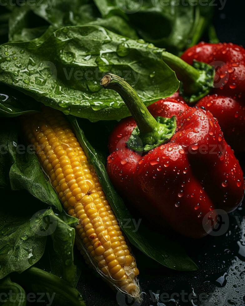 a close up of red peppers corn and spinach generative ai photo