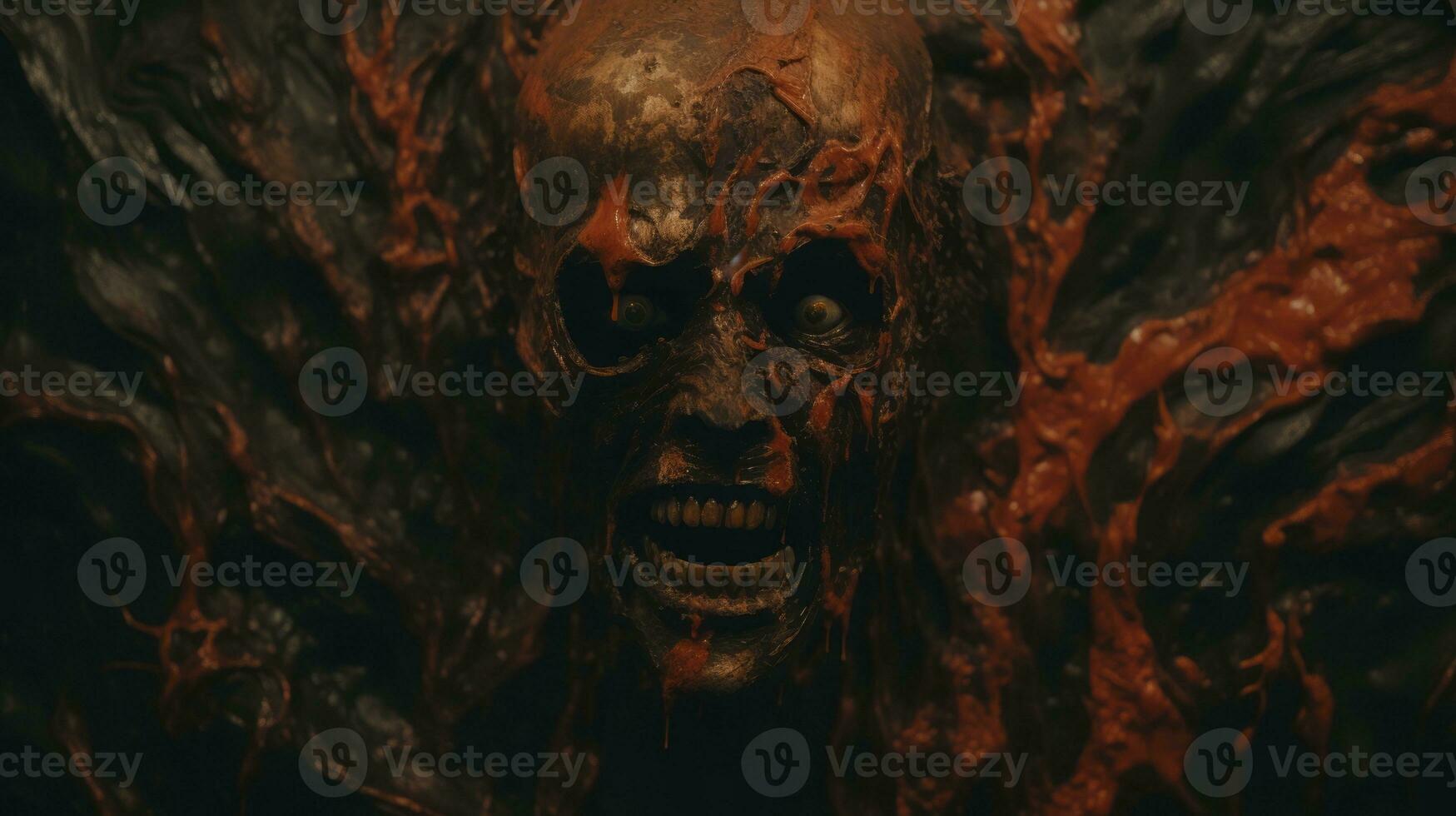 a close up of the face of a demon with blood dripping from it generative ai photo