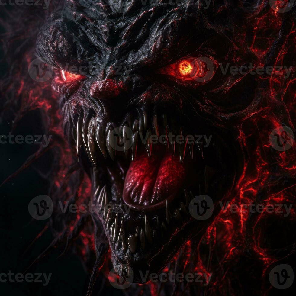 a close up of the face of a demon with red eyes generative ai photo