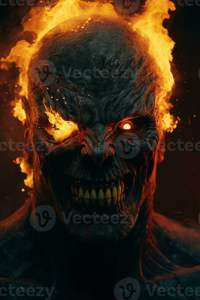 a close up of the face of a demon with fire coming out of it generative ai photo