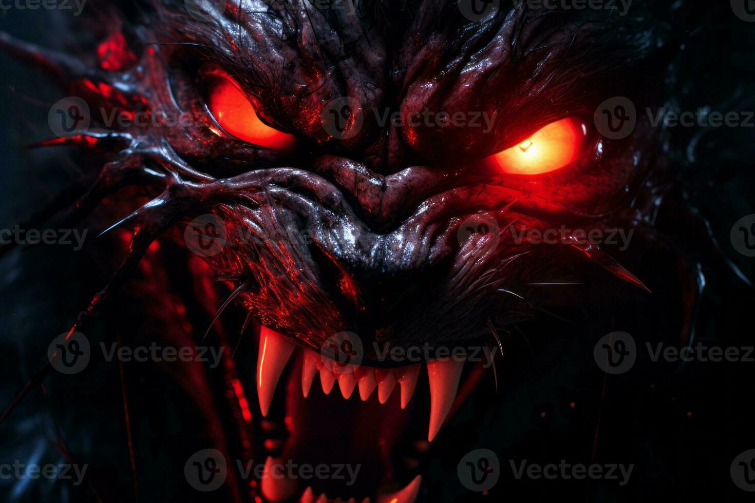 a close up of the face of a werewolf with glowing red eyes generative ai photo