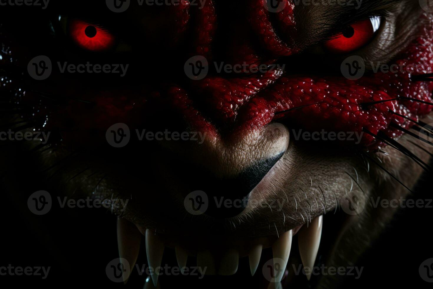 a close up of the face of a wolf with red eyes generative ai photo